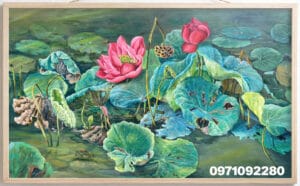 Tranh hoa sen 3D vẽ tay thủ công sơn dầu