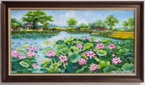Tranh hoa sen phong cảnh làng quê yên bình