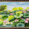 Tranh hoa sen làng quê phong cảnh bên hồ