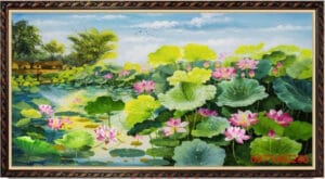 Tranh hoa sen làng quê phong cảnh bên hồ