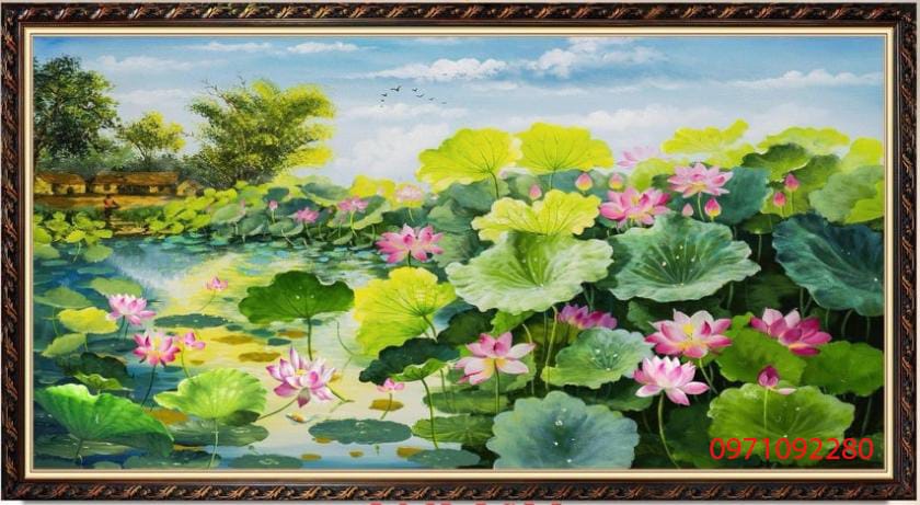 Tranh hoa sen làng quê phong cảnh bên hồ