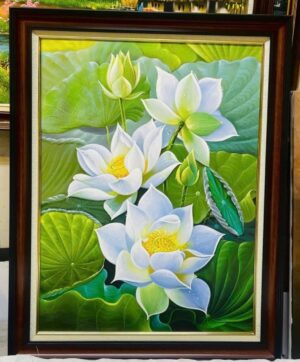 Tranh vẽ sơn dầu hoa sen treo tường khổ dọc