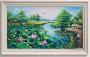 Tranh hoa sen trong đầm đẹp sơn dầu cao cấp