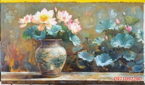 Tranh sơn dầu vẽ bình hoa sen tuyệt đẹp