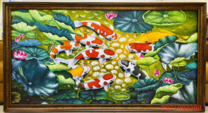 Tranh sơn dầu hoa sen cá chép cửu ngư quần hội