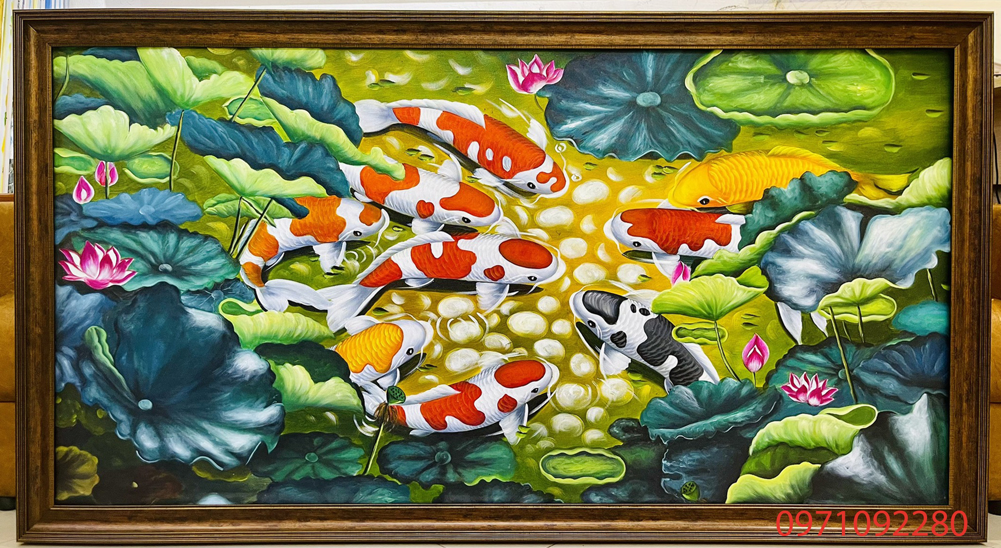 Tranh sơn dầu hoa sen cá chép cửu ngư quần hội