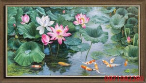 Tranh hoa sen cá chép đẹp ý nghĩa vẽ sơn dầu thủ công