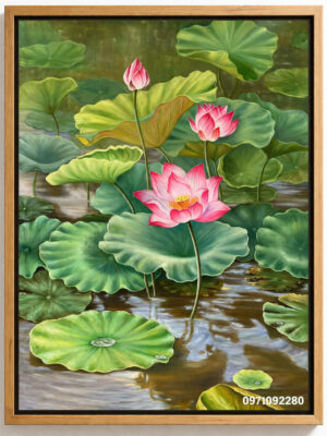 Tranh vẽ bông hoa sen đẹp nở rộ trong đầm
