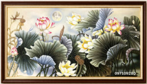 Tranh sơn dầu hoa sen thuỷ mặc cao cấp