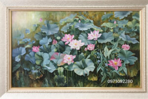 Tranh sơn dầu hoa sen đẹp giá rẻ treo phòng khách