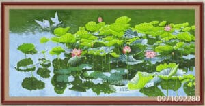 Tranh hoa sen đôi thiên nga trong hồ đẹp