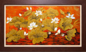 Tranh hoa sen vàng 3D trên nền đỏ ấn tượng nghệ thuật