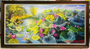 Tranh đầm hoa sen 3D vẽ tay bến đò nơi làng quê
