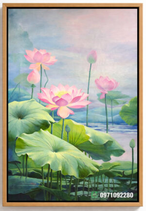 Tranh sơn dầu hoa sen khổ dọc quà tặng theo kích thước