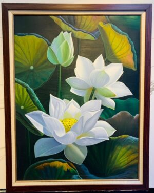 Tranh vẽ bông hoa sen đẹp sang trọng khổ dọc