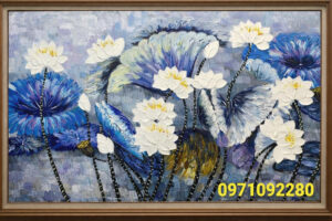 Tranh sơn dầu hoa sen trắng nền tím đẹp treo tường