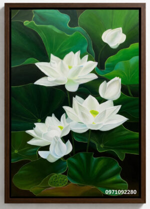 Tranh sơn dầu hoa sen trắng khổ dọc vẽ tay nghệ thuật