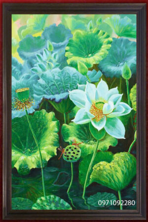 Tranh hoa sen đẹp khổ dọc trắng treo phòng ăn